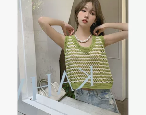 复古U领镂空条纹针织吊带背心女甜辣妹纯欲风...