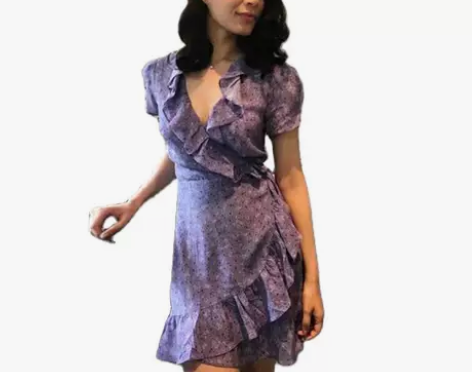 ins博主法式荷叶边复古印花裹身收腰短袖雪...