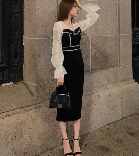 春装连衣裙新款秋装气质仙女修身时尚网纱喇叭...