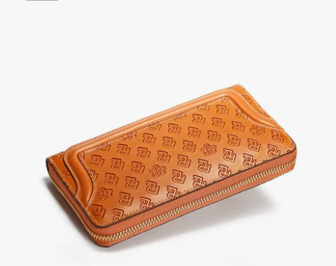 保兰德头层牛皮拉链长款多功能女士真皮钱包棕...