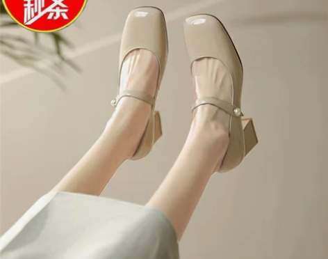 大东法式单鞋女方头粗跟气质一字带高跟鞋漆皮...