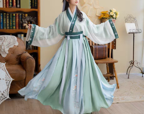 转卖清梳铃珑原创汉服女晋制刺绣撞色交领齐腰...