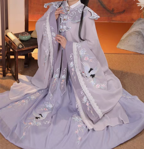 包邮清梳原创云鹤辞明制汉服女对襟长衫刺绣云...