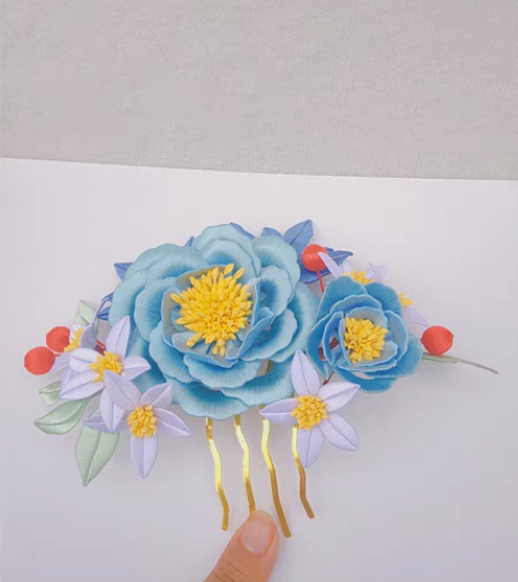 包邮缠花汉服发饰蓝色牡丹发梳 定金88,尾...