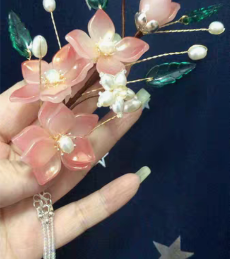 包邮淡水珍珠琉璃软簪花，古风汉服发簪，带流...