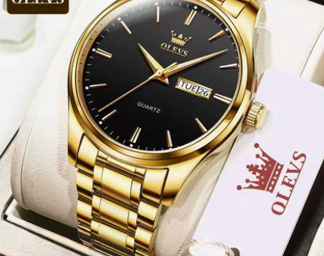 工厂批发欧利时手表跨境热销防水石英表金色钢...