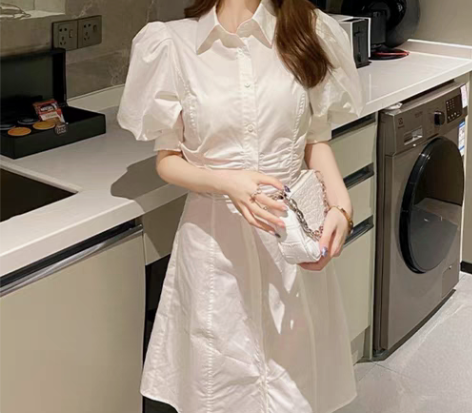新款夏季女法式褶皱高端小个子泡泡袖白色po...