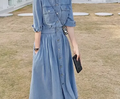 包邮牛仔连衣裙女夏薄款2023新款泡泡袖温...