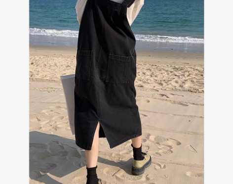 转卖牛仔背带裙女夏季韩版高腰显瘦百搭开叉设...