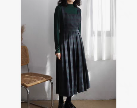 转卖三巷自制 方领背带裙女 毛呢格子百褶无...