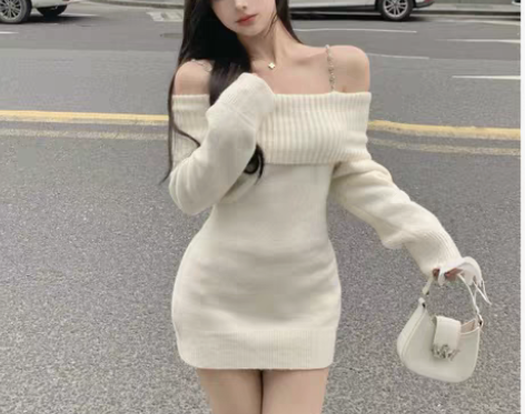 转卖秋冬新款一字领性感修身包臀裙女法式气质...