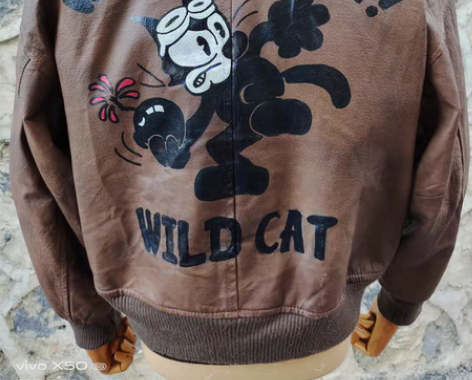 包邮欧洲手绘油画真皮夹克,手绘油画菲力猫复...