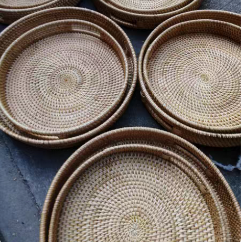 包邮批发越南藤编织水果篮下午茶蛋糕手提托盘...