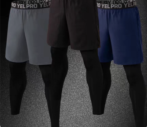 包邮紧身裤男速干高弹健身房短裤运动假两件跑...