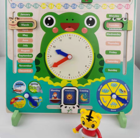 包邮益智早教木制时钟拼图玩具 青蛙日历时钟...