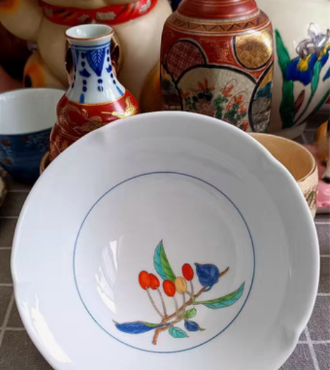 包邮日本昭和老深川青釉青瓷钵碗，手绘柿右卫...