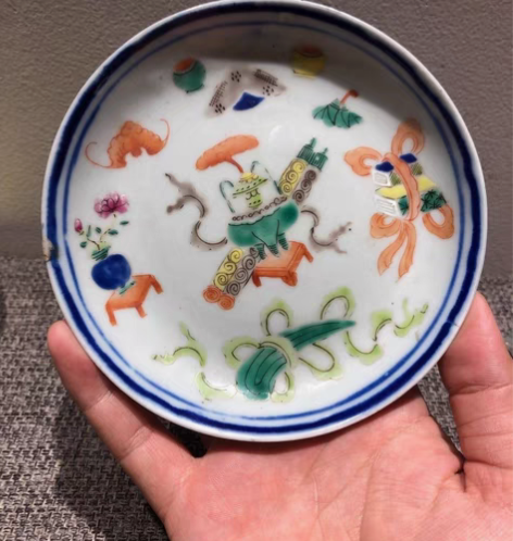 包邮晚清民国粉彩博古纹盘 尺寸14cm 盘...