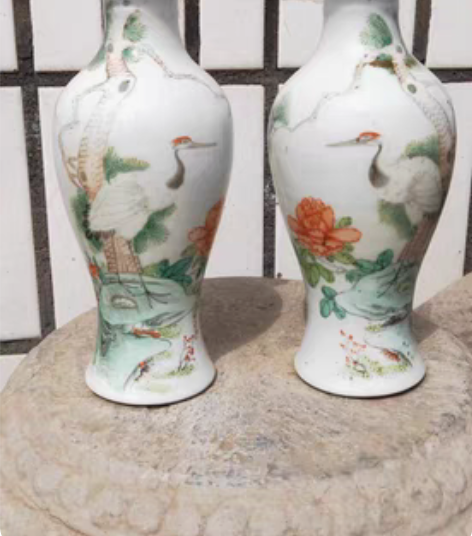 民国杨青山款松鹤延年粉彩观音瓶完整器型好 ...