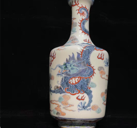 包邮清晚乾隆款青花斗彩祥雲龍凤纹赏瓶 口8...