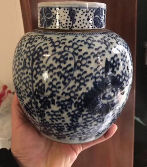 清中期青花罐子，带盖子难得，全品，家里早年...