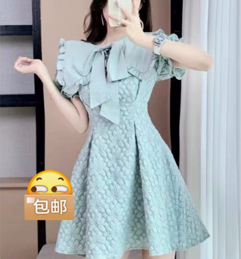 包邮全新女士夏薄款立体印花蝴蝶结显瘦泡泡袖...
