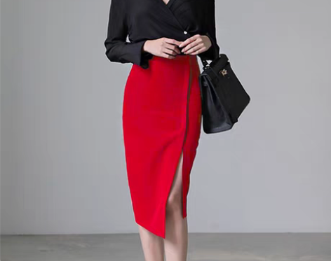 转卖红色半身裙女秋季高腰开叉工装裙一步裙包...