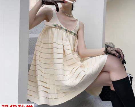 转卖重工条纹镶钻复古小个子蓬蓬裙仙女夏法式...