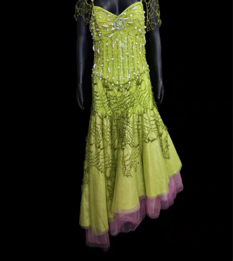 vintage绿色网纱钉珠贝壳斜边蓬蓬裙礼...