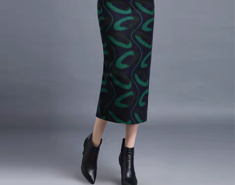 转卖包臀裙半身裙中长款秋冬季毛呢印花高腰修...