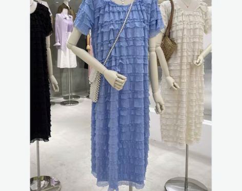 转卖重工温柔风纯色圆领蛋糕裙设计感小众宽松...