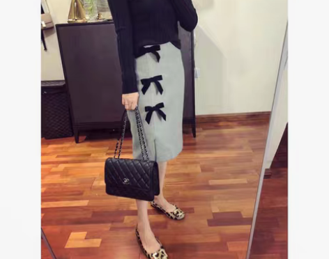 转卖18秋冬新款丝绒蝴蝶结开叉半裙灰色半身...