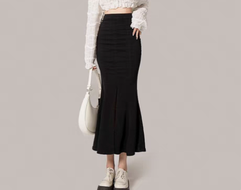 转卖莹格礼高腰牛仔鱼尾裙黑色半身裙女春秋2...