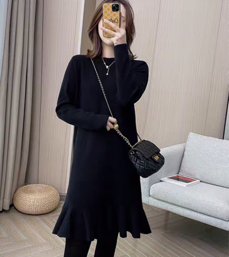 小个子显瘦针织毛衣小黑裙鱼尾裙长袖内搭打底...
