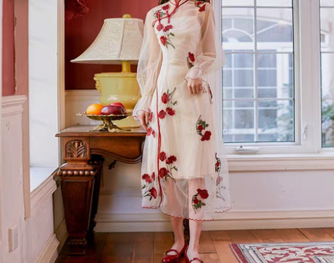 包邮重工刺绣连衣裙春夏女文艺复古民族风旗袍...