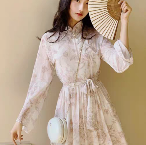 包邮秋季汉服复古新款文艺仙女中国风盘扣收腰...