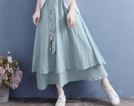 转卖棉麻桃花刺绣飘带双层半身裙女2022夏...