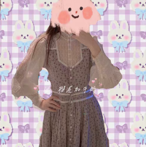 gunne sax碎花蕾丝袖羊腿袖midi...