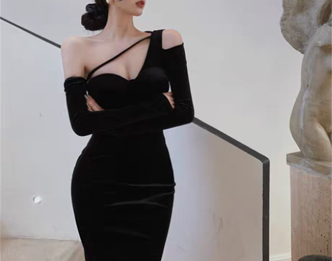 转卖赫本风轻奢生日晚宴年会小礼服气质露肩性...