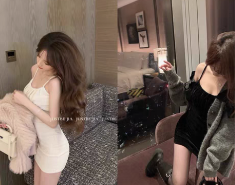 包邮JUSTBE YOO/吊带丝绒连衣裙2...