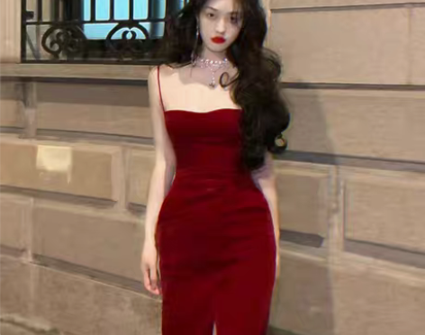 转卖港风复古圣诞红色丝绒惊艳吊带连衣裙女宴...