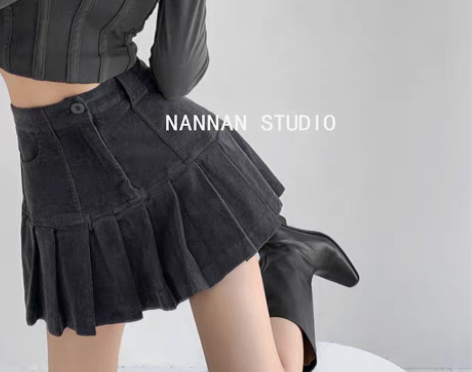 转卖辣妹百褶裙女港风复古灯芯绒高腰半身裙2...