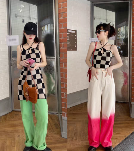 转卖花田橱窗棋盘格子吊带裙子背心外穿女夏港...