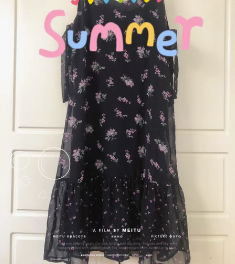 夏季浪漫花色吊带雪纺百褶中裙  几乎全新 ...