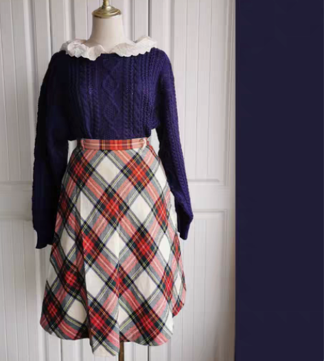 古着vintage羊毛秋冬格子伞裙中裙复古...