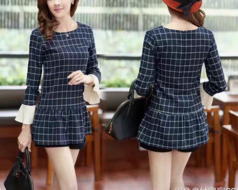 包邮套头圆领格子秋装蓬蓬气质连衣裙中裙百褶...