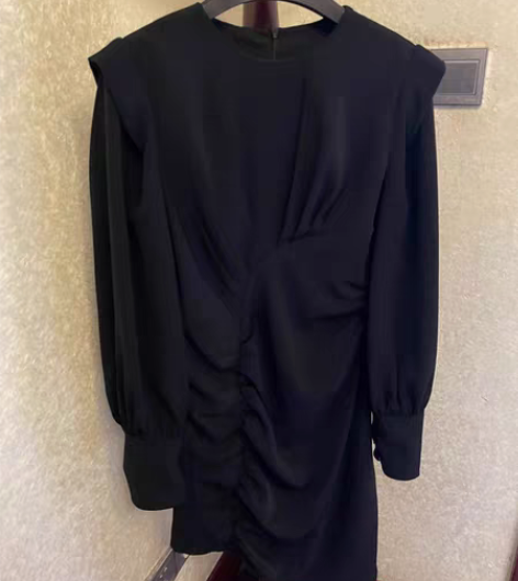 包邮新款圆领不规则褶皱连衣裙女收腰显瘦包臀...