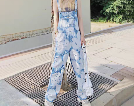 转卖国潮扎染背带裤子女夏季薄款小个子宽松h...
