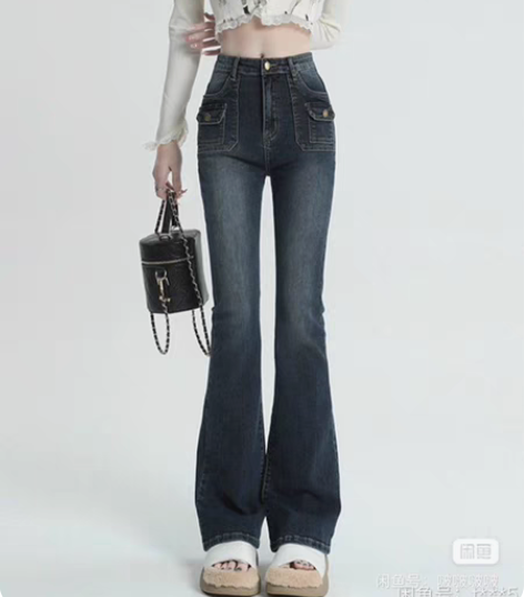 包邮复古蓝灰色美式高街喇叭裤女高腰显瘦弹力...