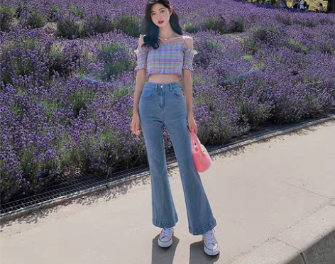 转卖【礼遇价】新款垂坠感宽松高腰蓝色喇叭牛...