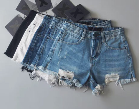 转卖大王高腰牛仔短裤女夏季毛边开叉破洞阔腿...